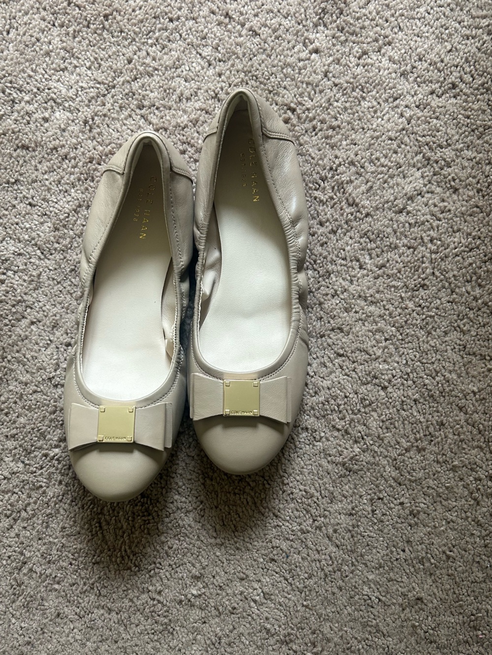 Cole Haan Neutral Beige Leather Ballet Flats with Bow Accent